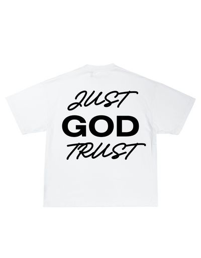OVERSIZE тениска JUST TRUST GOD с китайски надпис и уличен стил